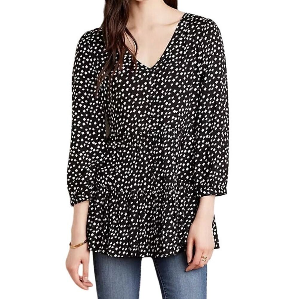 Anthropologie Maeve Lila Tiered Tunic XS Black Geo Babydoll Tunic Top Effortless